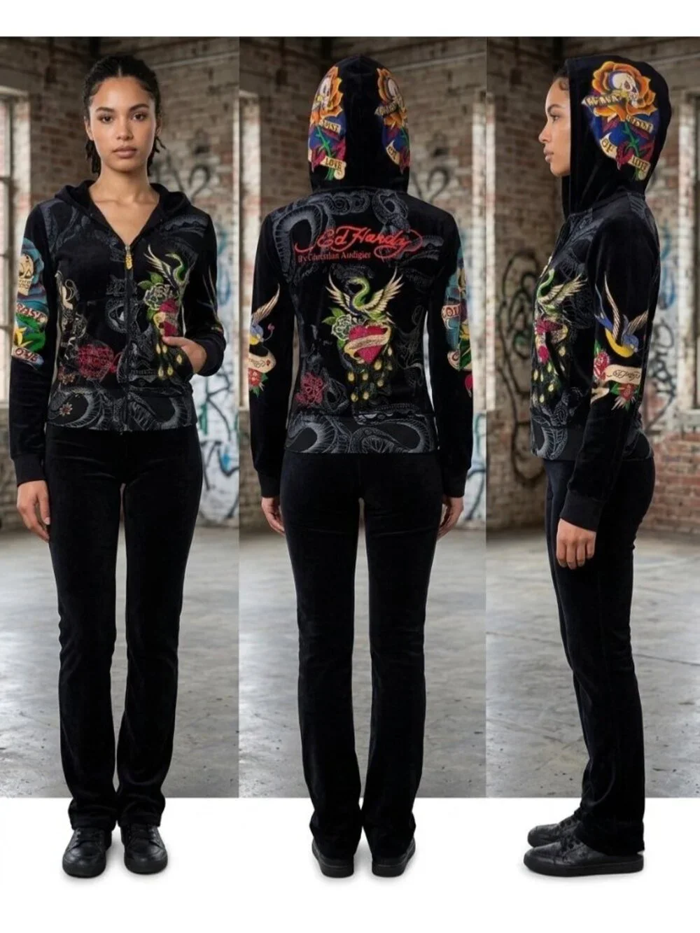 VTG Ed Hardy Black Velour Zip Up Tattoo Hoodie | McBling Indie Sleaze Trashy Y2K - Picture 10 of 16